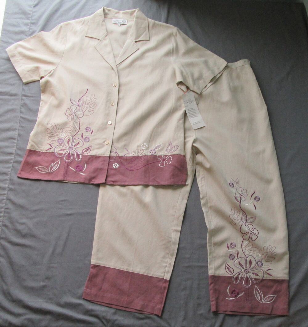 Kaktus Linen Blend 2 Piece Pants Set Beige/Plum Short Sleeve Long Pants Womens L
